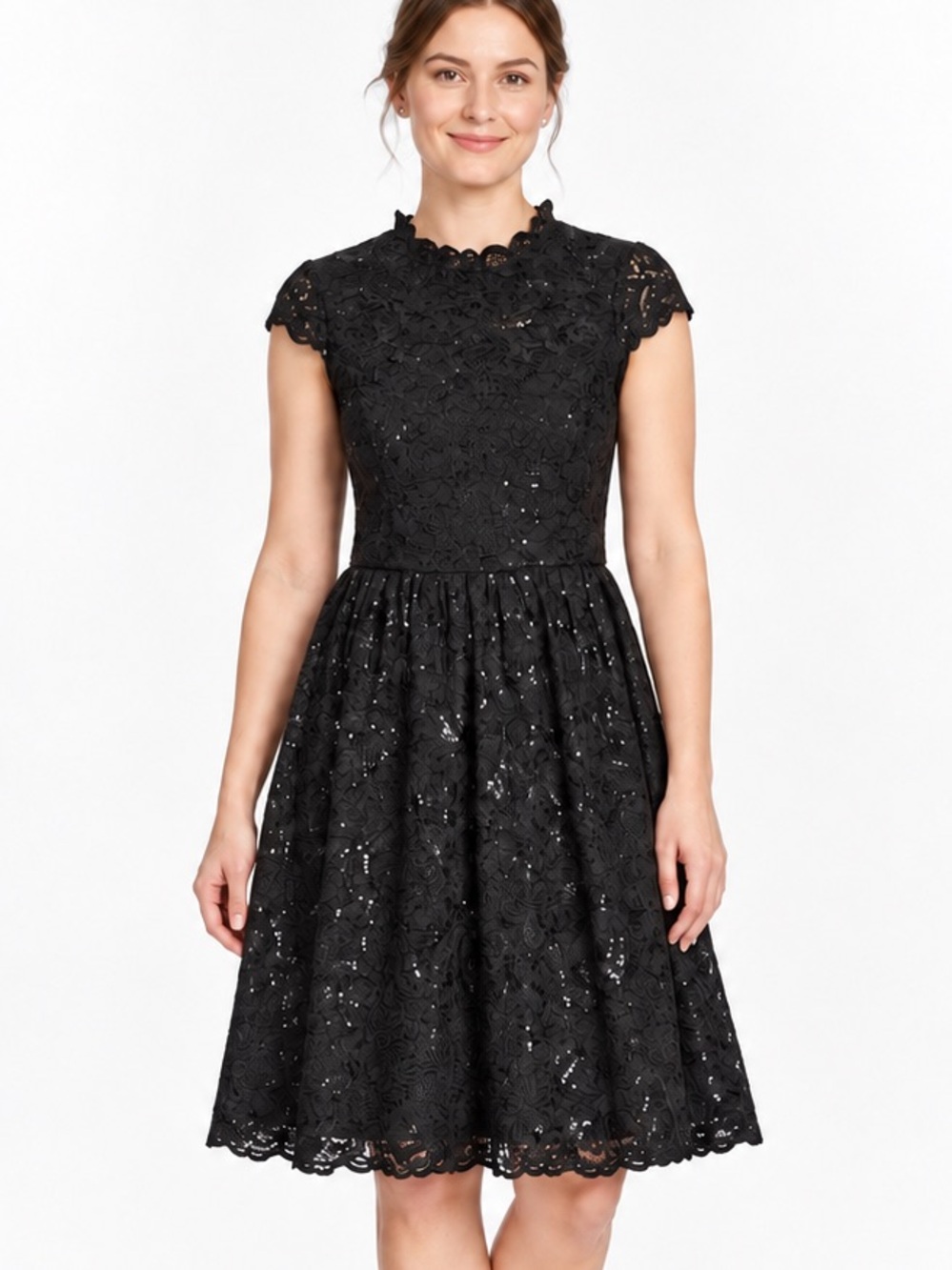 Brooks Brothers Red Fleece Black Lace Sequin Fit & Flare Cocktail Dress 10 EUC